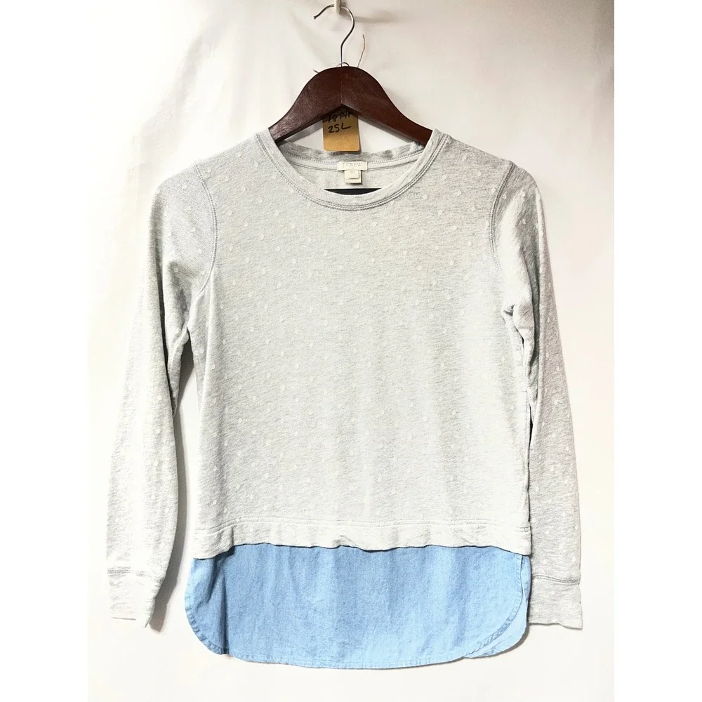 J.Crew Womens XXS Grey Polka Dot Layered Chambray Hem Sweatshirt Mixed Media Top